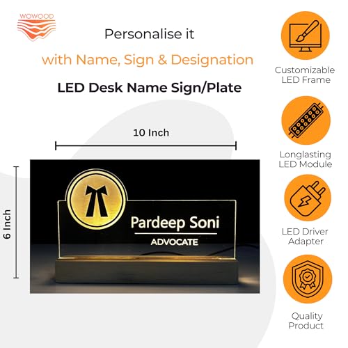 Image of Customized LED Name Plate for Office Desk Table Lamp Name Sign Gift For Advocate Lawyer Wakil Judge Civil High Court Tarazu Size (10 x 6 inch) (For Advocate)