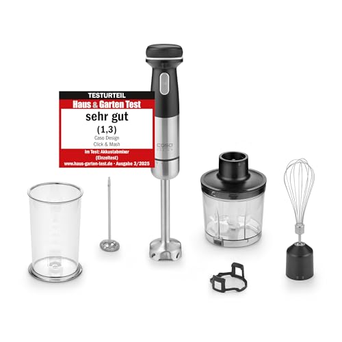 CASO Click & Mash - kabelloses 4 in 1 Stabmixer Set, akkubetrieben, verwendbar als Pürierer, Zerkleinerer, Schneebesen, Milchaufschäumer, zum emuligieren, Geschwindigkeit von 6.000-13.000 U/min