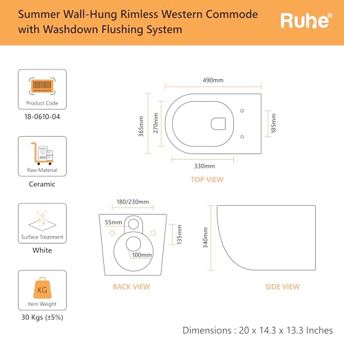 Image of Ruhe Summer Wall-Hung Rimless Western Commode with Siphonic Flushing System | P-Trap | 20 x 14.3 x 13.3 inches | Ceramic White Glossy Finish, Space-Saving Design | Includes Soft-Close Seat Cover