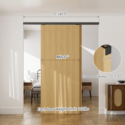 Kit de herrajes para puertas correderas de clóset de aluminio resistente de 72 pulgadas (6 pies), con mecanismo de cierre suave, para sistema de 2 puertas, desliza suave y silenciosamente, compatible con espesores de puerta de 1 3/8" o 1 3/4" miniatura 6