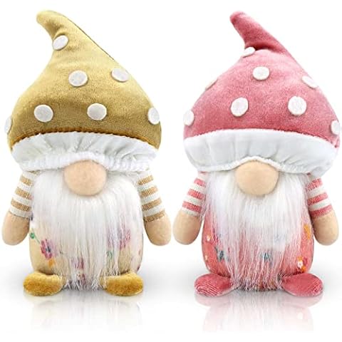 Godeufe Set of 2 Spring Gnomes Plush Mushroom Easter Decorations Gift Handmade Elf Dwarf Figurines for Home Kitchen Farmhouse Tiered Tray Holiday Festival Party Scandinavian Tomte (Brown and Pink) Cover