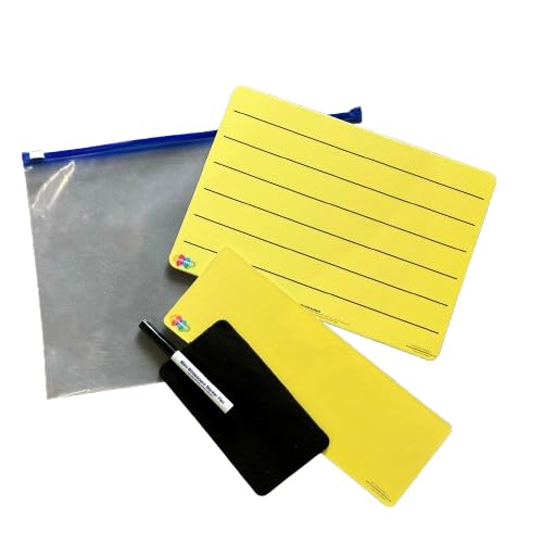 Yellow Tinted Dry Wipe Whiteboards Set, A4 Lined, Handy Board, Pen, Wipe, Resealable Wallet
