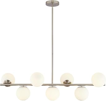 KCO Lighting 7-Light Linear Sputnik Chandelier Brushed Nickel Pendant Light | 31.5 Rod for Sloped Ceiling, 12W 3000K E26 Bulb Included, MCM White Milk Glass Light Fixture for Kitchen Island Dining Room