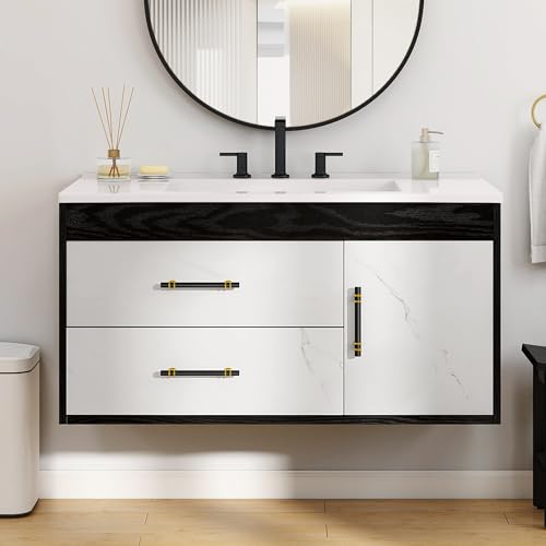 YITAHOME 36 Floating Vanity with Sink, Wall Mounted Bathroom Cabinet Vanity with Soft-Close System Cabinet, Marble Pattern, 2 Drawers & Pre-drilled Three Holes