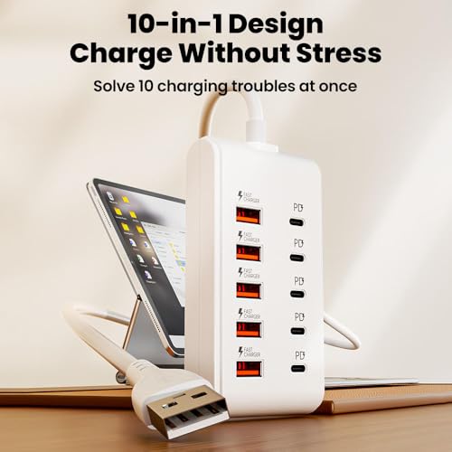 Image of 10 Ports: 5 Type-C PD and 5 USB-A Interfaces, Suitable for Laptops, Tablets, and Multiple Devices. A Compact Power Hub for Your Workspace, Featuring Fast Charging, a Power Adapter (5USB+5Type C)