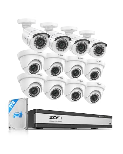 ZOSI H.265+ 1080p 16 Channel Security Camera System, 16CH DVR with AI Human Vehicle Detect, 12 x 2MP Weatherproof Surveillance CCTV Bullet Dome Camera Outdoor, Night Vision, Remote Access, 2TB HDD
