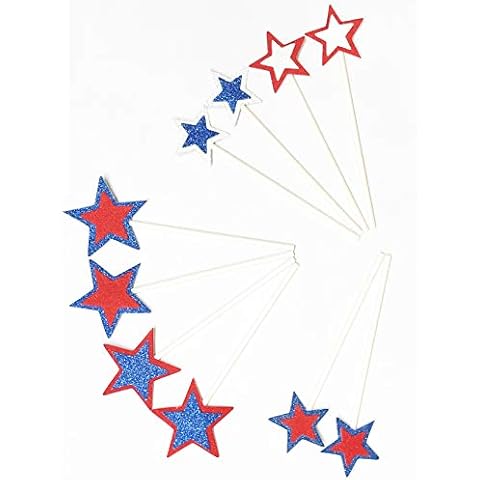 AILEXI Handmade 10 Counts Glitter Cake Decorating Toppers for Cake Cupcake and Icecream - Blue/Red/Silver Stars Cover