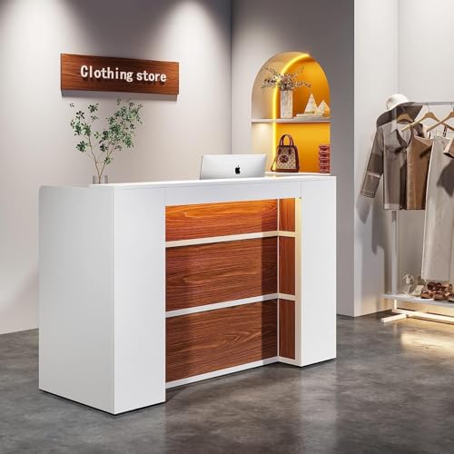 Image of TEKAVO Elite Reception Table for Office, Shop, Clinic, Showroom | Front Desk for Office | White & Brown Wood | 160 x 60 x 110 CM | DIY Assembly