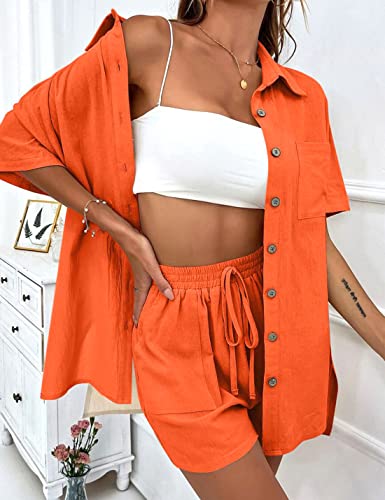 Image of APAFES Women Summer Cotton Linen Short Sets 2 Piece Shorts Top Lounge Beach Vacation Two Piece Outfits Tracksuits