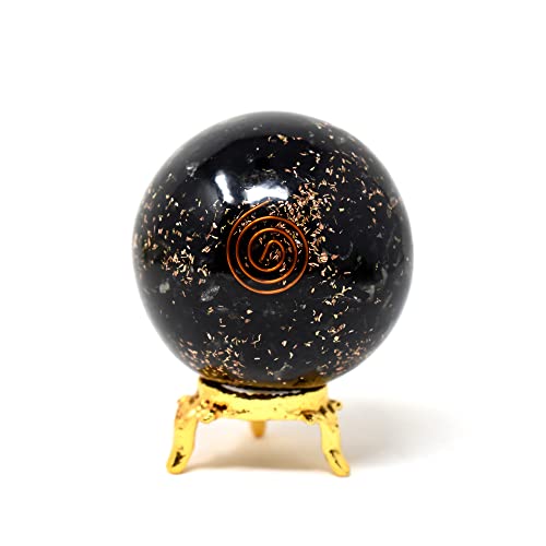 Tourmaline noire orgonite en sphère de 55 mm avec socle pour harmoniser votre bureau