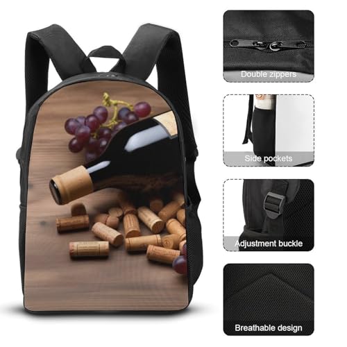 3 Piece Backpack for Women Men Lightweight Causal Daypack Shoulder Bag Set with Insulated Lunch Bag And Pencil Case Organizers Wine Bottle Corks Grapes3