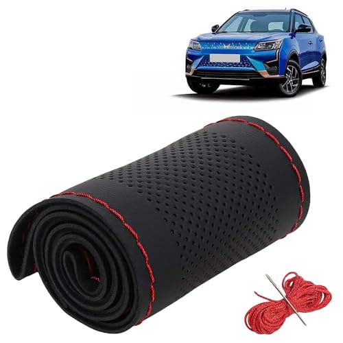 Image of KINGSWAY PU Leatherite Car Steering Cover Sewable Compatible with Mahindra XUV 400 (Year 2023 Onwards), Black Color with Red Thread, Pack of 1 with Sewing Needle and Thread