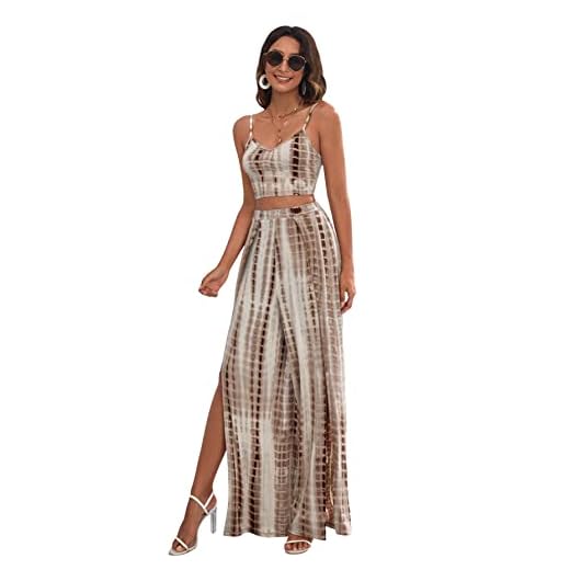 SheIn Women's Two Pieces Tie Dye Outfits Long Wrap Split Thigh Pants Cami Tops Set Summer Jumpsuit Khaki Medium