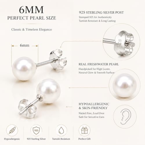 Freshwater Pearl Stud Earrings for Women 925 Sterling Silver 6mm Gift - image 3