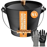 BLACK OAK Pago - Cubo para cenizas (5 L, con tapa y mango de madera y guantes, 5 L, acero galvanizado y recubierto de polvo, para cenizas, carbón, pellets, accesorios, chimenea, diseño moderno y