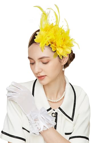 Gionforsy Women Fascinators Hats Feather Mesh Fascinator Headband Tea Party Hats Accessories for Women Wedding Cocktail (US Alpha One Size Yellow)