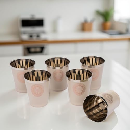 Image of JISCOVERY Stainless Steel Printed Glasses Set of 6 for Water, Milk, Lassi & Juice| Serving Glass Set| Designer Glass Tumblers| Capacity- 300 ML (Each) (Coffee, Bucket)