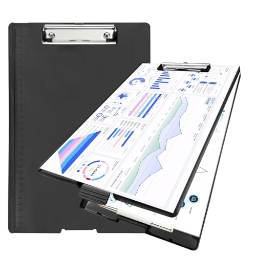 Comzantor Porte Documents, Porte-bloc A4 Avec Boîte de Rangement, Porte Bloc avec Pince en Métal, Planchettes, Clip Planches avec Couvercle, pour Bureau, Salle de Classe, le Restaurant - Noir