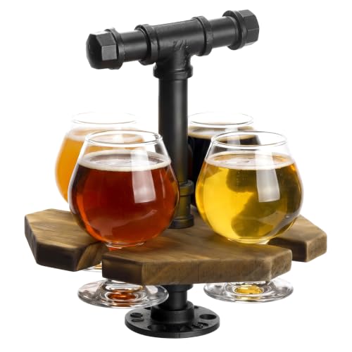 MyGift Beer Flight Boards with 4 Glasses, Whiskey Flight Tasting Set Tequila Margarita Flight Board Wood Portable Tasting Serving Caddy for Home Bars, Tasting Events, Craft Beer Enthusiasts