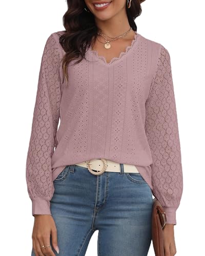 Hount Damen Spitze Tops Spitzenkragen Casual Blusen mit Laternenärmeln...