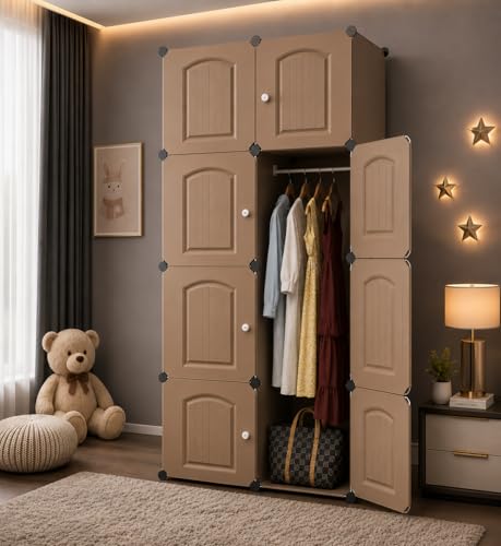 Image of Plastic Wardrobe for Clothes Storage, 8-Door Portable Collapsible Almirah & Cupboard for Bedroom, Baby Wardrobe Cabinet Organizer for Clothes & Toys (Brown, 8 Door)