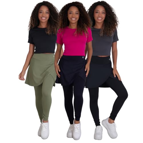 Kit 3 Calças Legging Pulse com Saia Bolsos de Poliamida Moda Feminina Evangelica (Preto/Militar/Pret