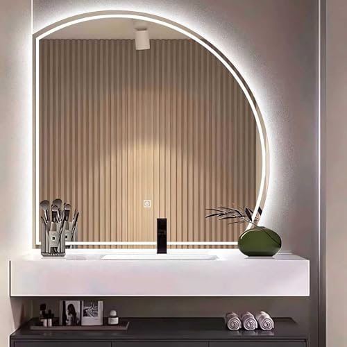 Semicircular Bathroom Mirror Lighted Vanity Wall LED Bathroom Mirror Modern Decorative Dimmable for The Living Room Bathroom Bedroom and Entryway(Left,60cm/24in)