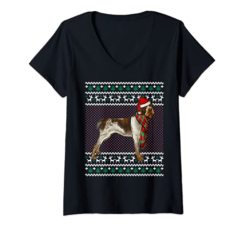 Womens Xmas German Wirehaired Pointer Dog Santa Hat Ugly Christmas V-Neck T-Shirt, Black