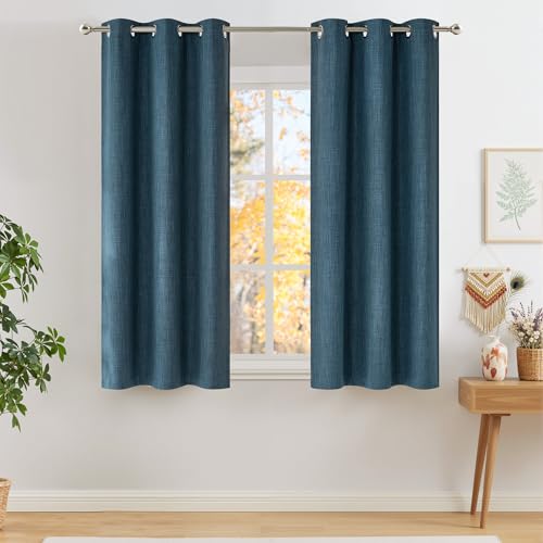 Image of NICETOWN Short Faux Linen Stone Blue Blackout Curtains 63 inches Long for Kitchen - Privacy Panels for Living Room Bedroom, Modern Farmhouse Style Easy Care Grommet Top, 2 Panels, W42 by L63