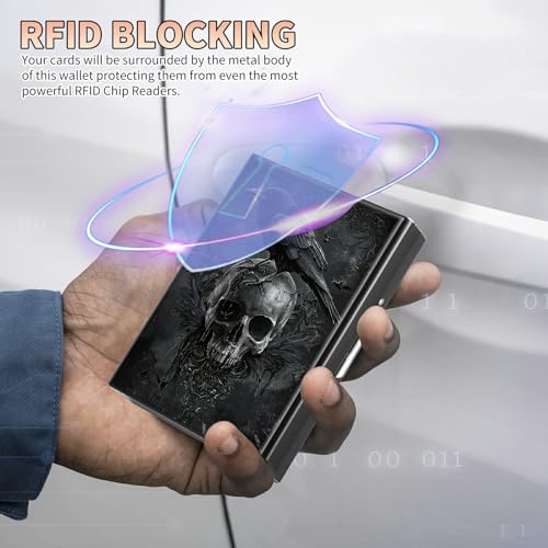 Slim Credit Card Holder, Crow Skull RFID Blocking Metal Wallet for Men & Women, Aluminum Minimalist Hard Case Pocket-Sized Business Cards Organizer (Fits Up to 10 Cards)3