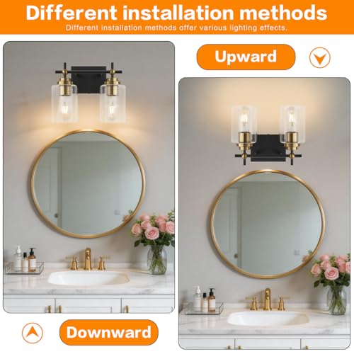 Image of SOLFART Vanity Lights Bathroom Light Fixtures: 2-Light Black and Gold Vanity Lighting Fixtures Bathroom Lighting Fixtures Over Mirror Clear Glass Shades(Bulbs Not Included)