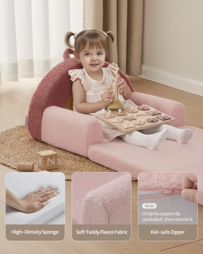 Image of Blissful Diary Foldable Kids Couch, 2-in-1 Comfy Kids Chair for Reading, Playroom, Kids Couch Sofa for Girls Boys Birthday Gift, Blush Rainbow
