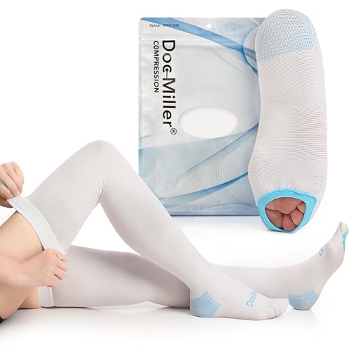 Doc Miller TED Hose Thigh High Anti Embolism Stockings for Women & Men, Hospital Style Surgical Stockings, Plus Size White Compression Socks 15-20mmHg, Support Hose with Inspection Hole Large