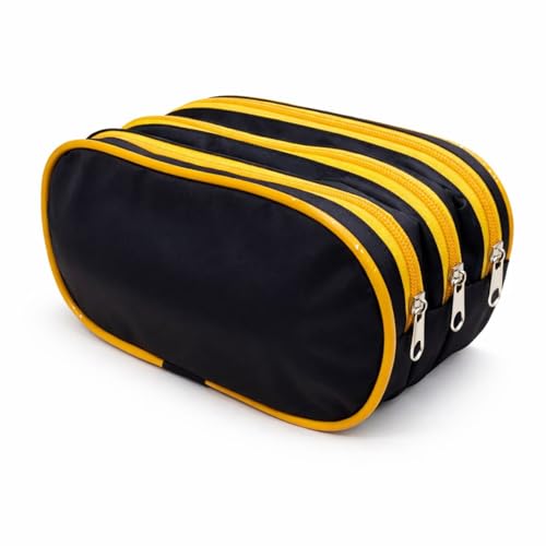 Estojo Escolar Triplo com 3 Compartimentos, Poliéster Resistente, Costura Reforçada, Grande Organizador para Lápis e Canetas (Preto com Amarelo)