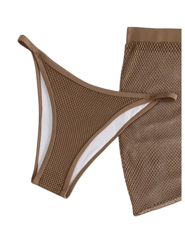 Image of WDIRARA Girl's 3 Piece Swimsuits Crochet Halter Bikini Set Bathing Suits with Cover Up Skirt Coffee Brown 9Y