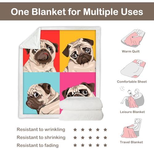 Sleepwish SWMT0470-150X200 Sherpa Fleece Bed Throw Pop Art Four Pugs Print Soft And Fuzzy Plush Blanket Gifts thumb #4