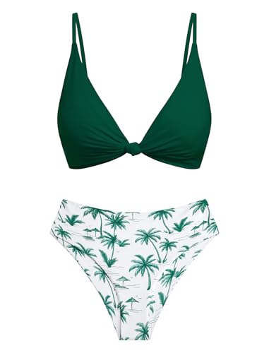 ZAFUL Green Floral Women's Two Piece Brown Swimsuits Sexy V Neck Kont Front Bikini Sets Cheeky High Cut High Waisted Thong Bikini Swimwear M
