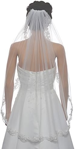 1T 1 Tier Flower Scallop Embroided Lace Pearl Veil Fingertip Length 36"