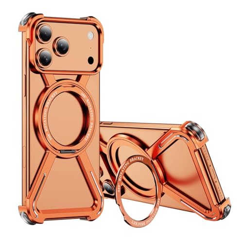 IPhone 17 Pro Max / 17 Pro / 17 Air / 17 用 メタルケース フルボディ アルミ合金 耐衝撃 カバー 360°回転リングスタンド付き スリム 軽量 放熱設計 落下保護 アーマーフレーム(Orange,17 Pro)