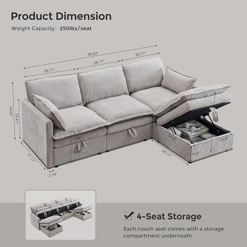 Image of 85.83 inch Cloud Couch Sectional with Storage Ottoman, Sectional Couches for Living Room, U-Shape Modular Sectional Sofa with 5 Seater Chenille Sofa and Pillow for Apartment, Bedroom,Light Grey