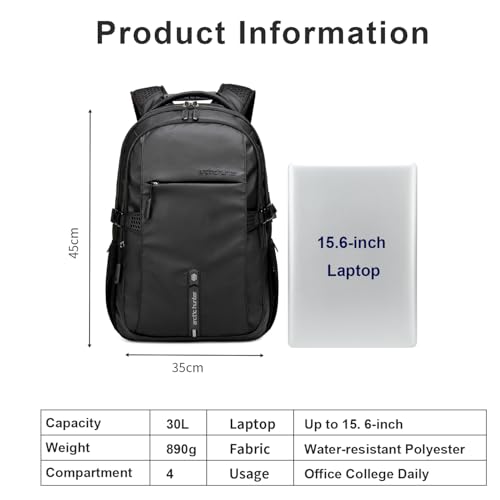 Image of Arctic Hunter Lightweight Laptop Backpack 15.6 inch Shock-Resistant Compartment 7-Pocket Organized Design USB Charging Port Water-Resistant 30L Travel Daypack with YKK Zippers (Black)