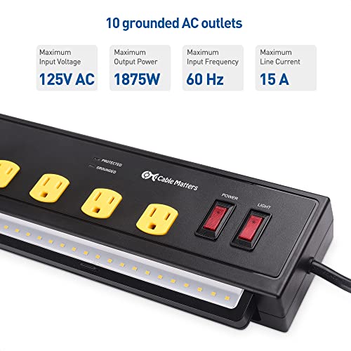 Cable Matters 1350J Surge Protector With 15A Circuit Breaker, 10-Outlet Heavy Duty Power Strip With Usb And Led Light (Mountable Industrial Power Strip Surge Protector) In Black For Garage, Workshop #TOP4
