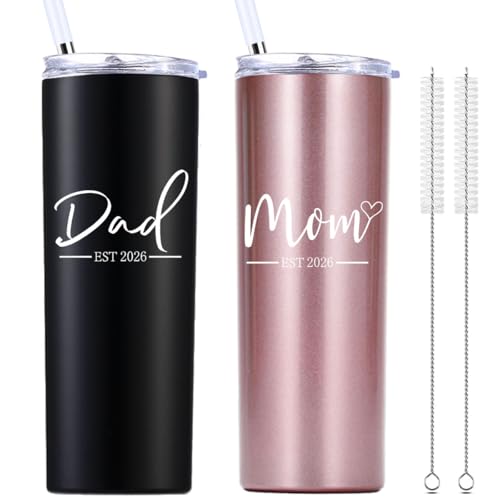 momocici Dad Mom Est 2026 20 OZ Skinny Tumbler.Anniversary New Parents Pregnancy Parents to be Gift.Father's Mother's Day Couples Gifts.Mom to Be Dad to Be Gifts.(Black&Rose Gold)