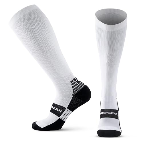 MudGear Compression Socks for Trail Running, Recovery, Travel, and Outdoor Adventures – Graduated, Durable, Sweat-Resistant, Boot Height, Large, White