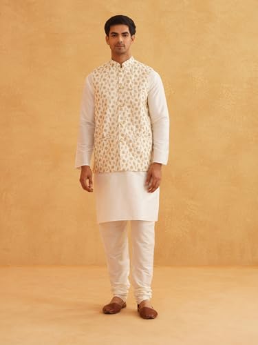 Image of SOJANYA (Since 1958 Men's Cotton Linen Maroon Kurta and White Pyjama with Mustard Cotton Nehru Jacket