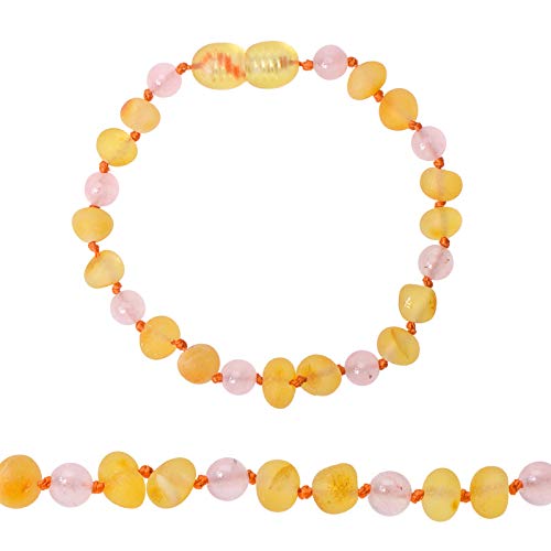 Auténtica pulsera de ámbar báltico, miel cruda con tobillera de cuarzo rosa, 100% ámbar báltico auténtico, joyería hecha a mano, Ámbar, Amber Cover