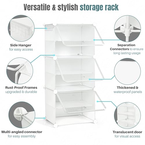 Image of ABOUT SPACE Shoe Rack for Home with Door - 12 Pair DIY Slipper Stand with Hanger, 3 Cube Expandable Shelves Closed Shoes Rack for Home Men, Women Heels Boots Flip-Flops (White - L 40 x B 30 x H 90 cm)