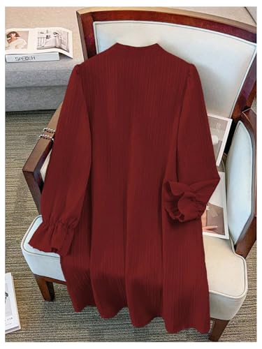 Image of WDIRARA Women's Plus Size Pearl Beaded Tie Neck Long Sleeve Casual Work Short Dress