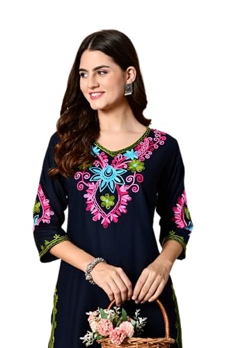 Image of LIBOZA Embroidered Kashmiri Tunic Top, Short Kurti for Women on Jeans, V-Neck, 3 /4 Sleeve, Floral Design,