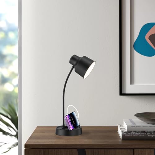 Energetic LED Desk Lamp with Phone Holder, Table Lamp with AC Outlet, Adjustable Flexible Gooseneck, 4000K, Eye-Care Reading Light for Bedroom, Study, Computer Desk, Living Room, Home Office, Black — view 6